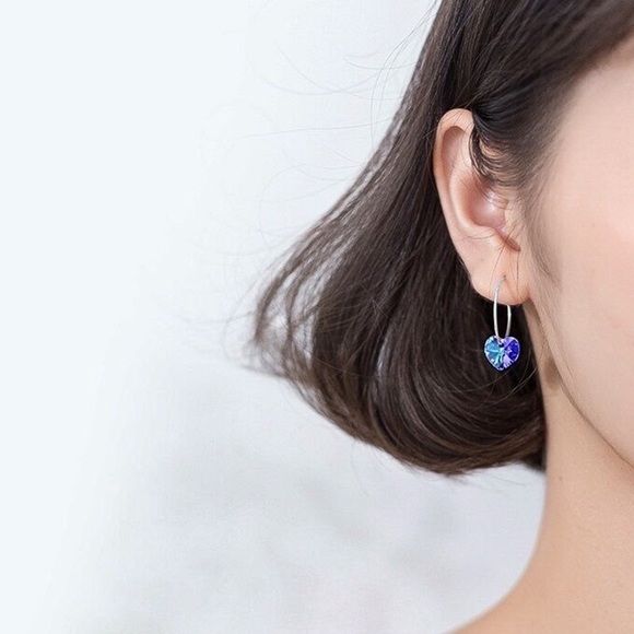 Any 2/$20! Silver Hoops w/Blue & Purple Iridescent Crystal Hearts Earrings - Picture 4 of 8